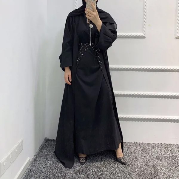 Мусульманский Женский комплект из 3 предметов, Дубайский арабский скромный наряд, юбка с запахом из бисера, Однотонный женский открытый ком...