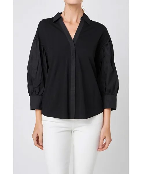 Женская рубашка с V-образным вырезом и пышными рукавами English Factory, черный