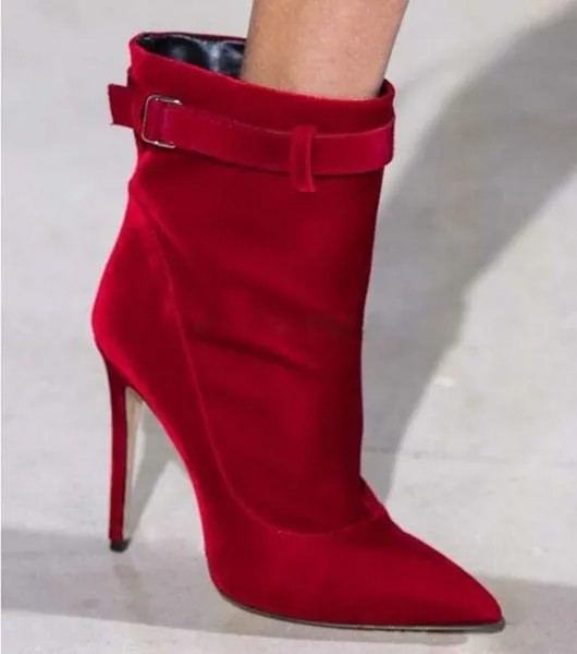 Однотонные красные/черные бархатные ботильоны на шпильке, женские туфли с острым носком и ремешком на щиколотке, женские слипоны с пряжкой ...