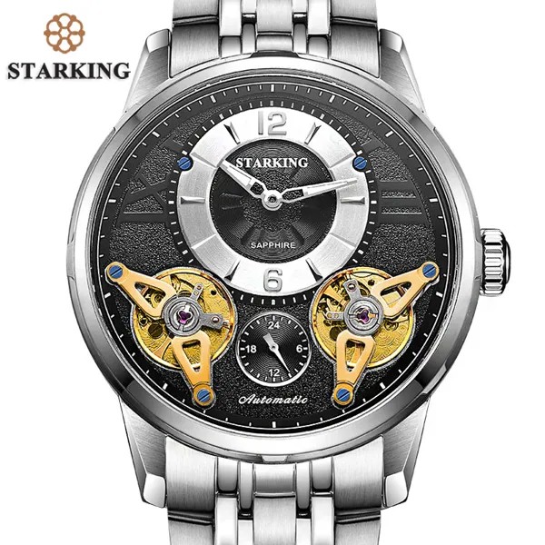 STARKING европейские модные автоматические часы с двойным турбийоном часы-скелетоны мужские роскошные брендовые наручные часы из нержавеющей ...