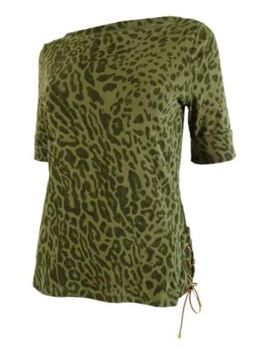Женская хлопковая рубашка с воротником-лодочкой Lauren Ralph Lauren оливкового цвета с принтом «Оцелот», размер верха XL