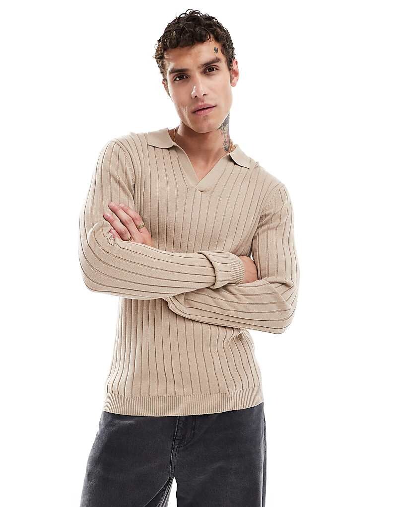 Базовый приталенный свитер темно-серого цвета в рубчик ASOS DESIGN с вырезом горловины