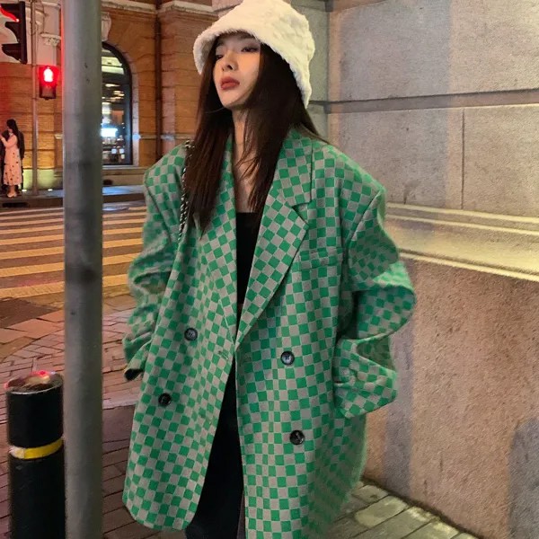 Весна Осень Новый корейский стиль Темперамент Зеленый клетчатый костюм Пальто Женщины Повседневная свободная мода