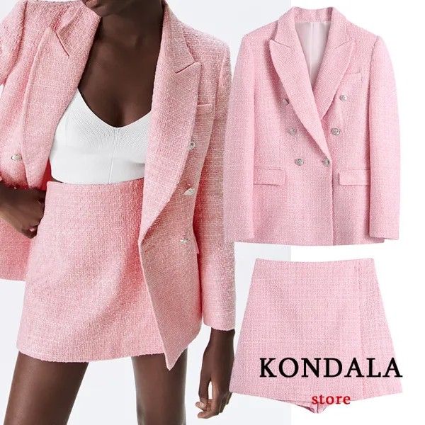 Kondala za Шикарный Розовый Блейзер Леди из офиса Мода 2021 шахматные куртки длинные женские Манго Длинные Карманы двойные Топы