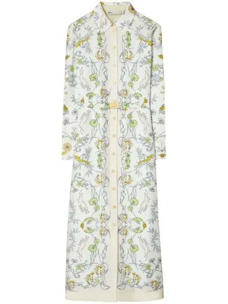 Tory Burch шелковое платье-рубашка с графичным принтом, белый