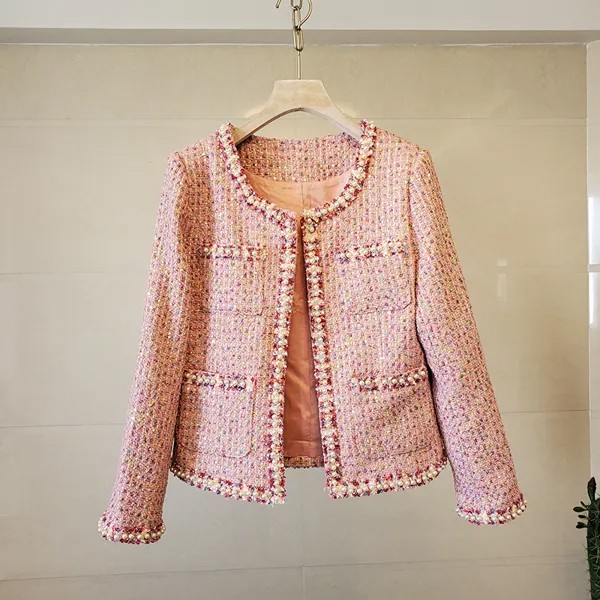 Женская твидовая куртка с бисером, элегантное розовое шерстяное пальто для офиса, Повседневная винтажная верхняя одежда для осени и зимы