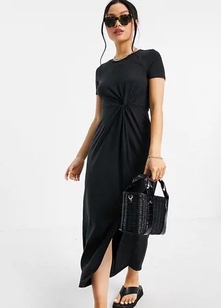 Черное платье-футболка миди с перекрученной отделкой Vero Moda Petite-Черный цвет