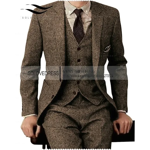 Мужской твидовый костюм в елочку, коричневый Свадебный костюм, смокинг для выпускного вечера, 3 предмета, пиковый лацкан, твидовый облегающи...