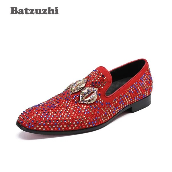 Batzuzhi/модная дизайнерская мужская повседневная обувь на плоской подошве с принтом «поцелуй», Мужская обувь из натуральной кожи, лоферы, красные свадебные туфли со стразами, 46