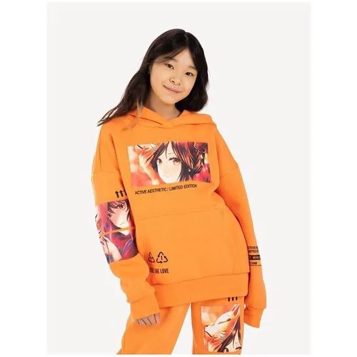 Оранжевое худи oversize с аниме-принтом для девочки Gloria Jeans, размер 8-10л/134-140