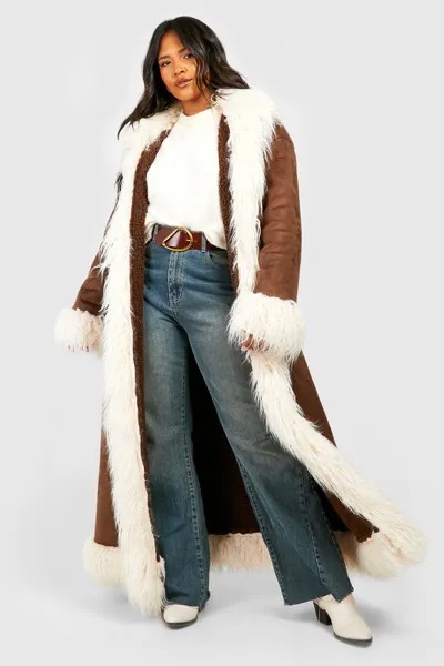 Замшевое пальто Plus с отделкой из искусственного меха boohoo, коричневый