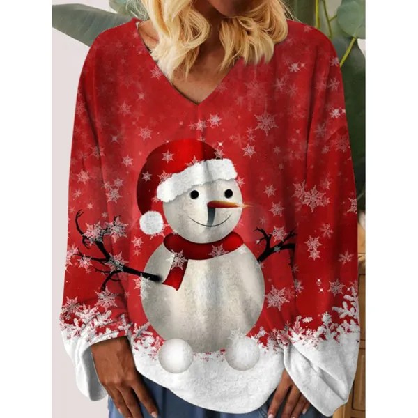 Женская футболка с длинным рукавом и V-образным вырезом в стиле ретро с принтом рождественского снеговика