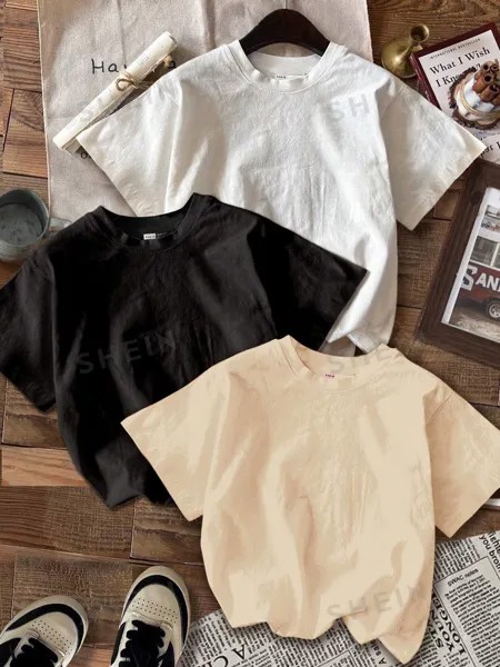 EZwear 3 шт./компл. Женские повседневные укороченные топы с круглым вырезом и длинными рукавами с принтом подсолнечника и автомобиля Shein, мультиколор