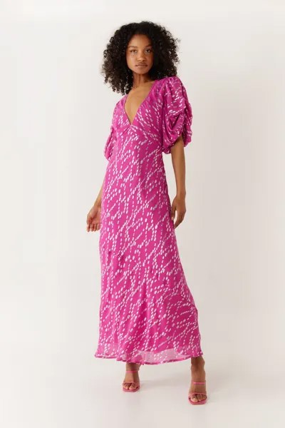 Платье миди с блестящим цветочным принтом и V-образным вырезом с пышными рукавами Warehouse, розовый