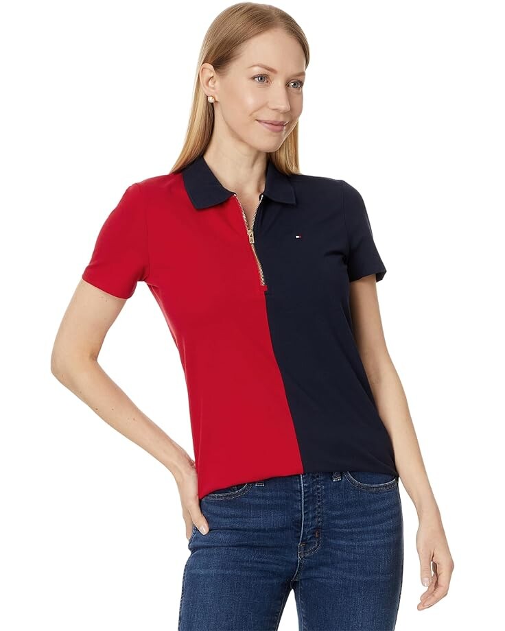 Поло Tommy Hilfiger Short Sleeve Color-Block Zip, цвет Scarlet/Sky Captain