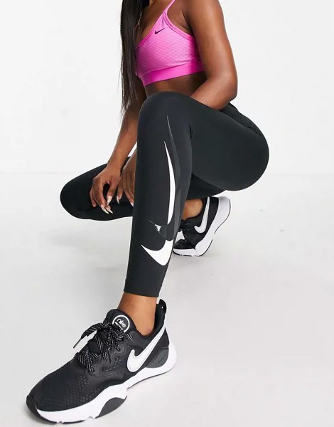 Черные леггинсы длиной 7/8 с логотипом-галочкой Nike Running Swoosh Dri-FIT-Черный цвет