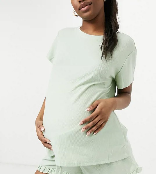 Комплект из футболки и шорт из экотрикотажа с оборками по краю шалфейно-зеленого цвета Chelsea Peers Maternity-Зеленый цвет