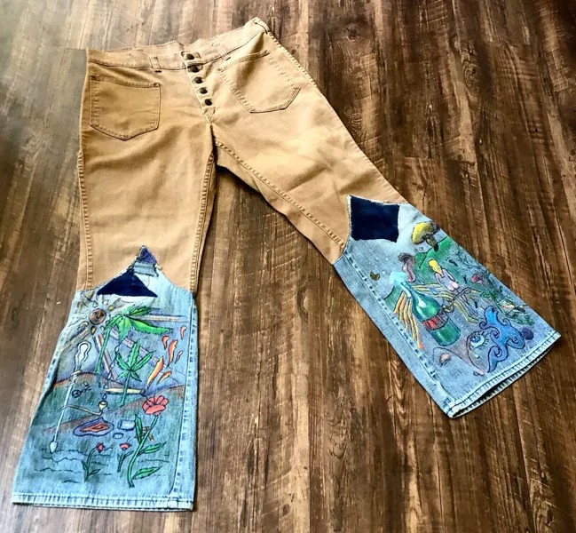Джинсовые брюки Free People Vintage Loves, раскрашенные вручную в стиле хиппи, единственная в своем роде расклешенная юбка 31