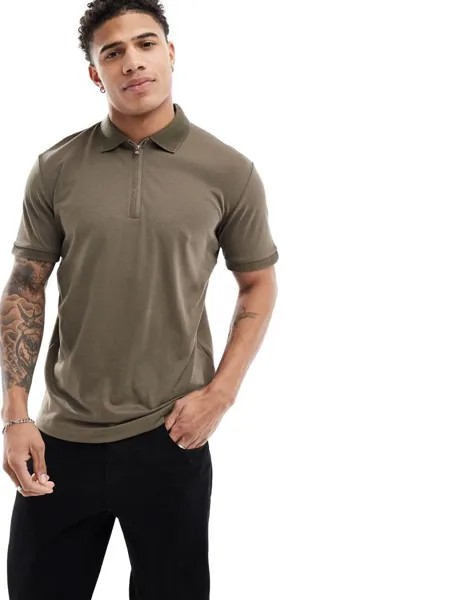 Selected Homme – коричневая рубашка-поло с молнией на шее