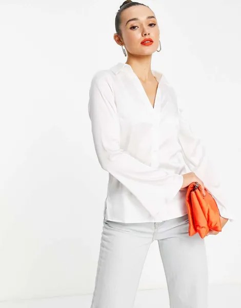 Атласная рубашка узкого кроя цвета слоновой кости в стиле 90-х ASOS DESIGN-Белый