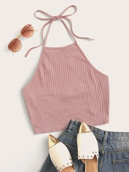 SHEIN EZwear рубашка в рубчик с воротником-хомутом, розовый