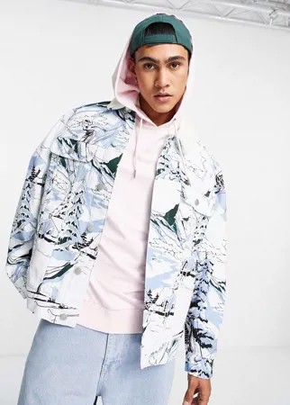 Джинсовая oversized-куртка с воротником из искусственного меха и лыжным принтом ASOS DESIGN-Белый