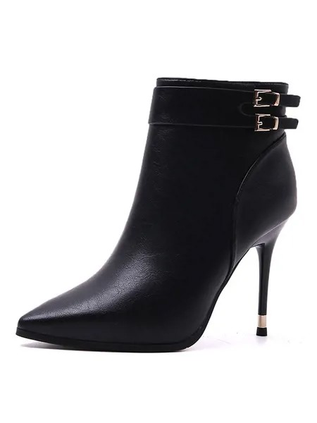 Milanoo Women Booties Buckle Pointed Toe Stiletto Heel PU Leather Black Ankle Boots