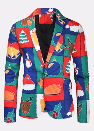 Уродливый мужской однобортный пиджак с принтом рождественских элементов с мультяшным рисунком