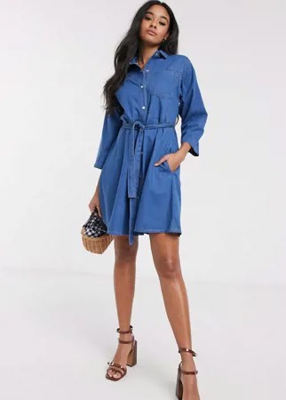Синее джинсовое платье-рубашка мини French Connection-Синий