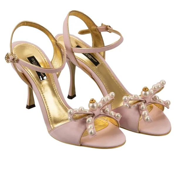 DOLCE - GABBANA Туфли-лодочки на шелковом каблуке с жемчужной лентой Босоножки KEIRA Розовое золото 12737