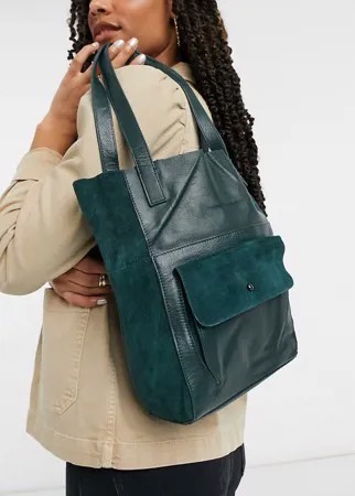 Темно-зеленая кожаная сумка-тоут с замшевым карманом Urbancode-Зеленый