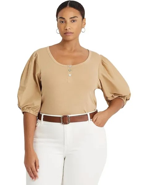 Футболка LAUREN Ralph Lauren Plus-Size Stretch Cotton Puff-Sleeve Henley, цвет Birch Tan