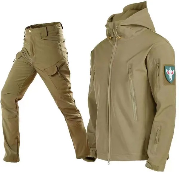 Военная акулья кожа мягкая раковина костюмы мужчин тактический ветрозащитный водонепроницаемый куртка мужчины армейские боевые штаны + мужские пальто с капюшоном кемпинга