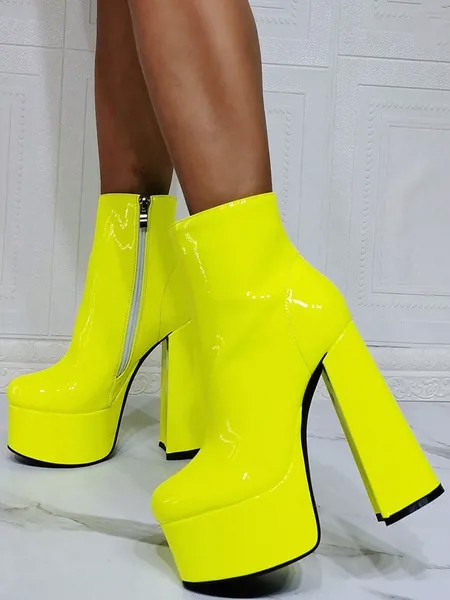 Milanoo Women Booties Geometric Round Toe Chunky Heel PU Leather Yellow Ankle Boots