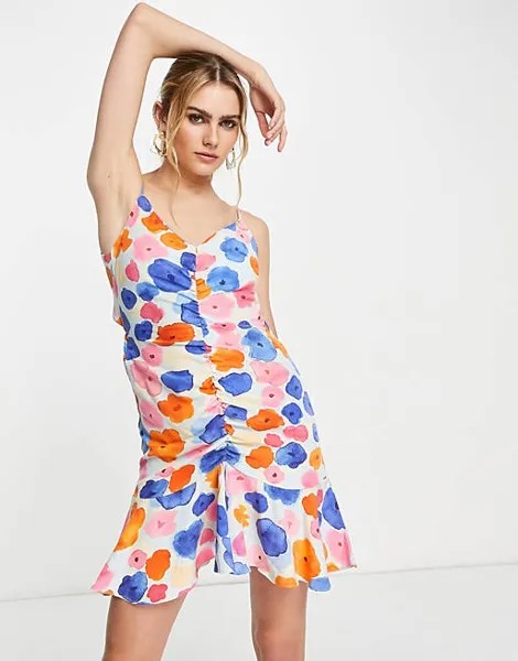 Платье мини со сборками спереди и завязкой на спине Vila с ярким цветочным принтом