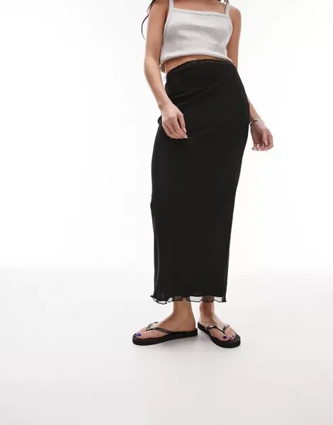 Черная сетчатая юбка миди с кружевной отделкой Topshop