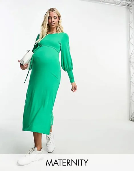 Зеленое платье миди с овальной спинкой и поясом Mamalicious Maternity