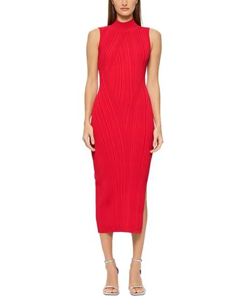 Платье миди без рукавов в рубчик с водолазкой и воротником Hervé Léger, цвет Red