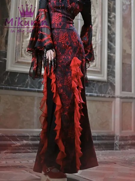 Женские Жаккардовые юбки Dark, готические красные шифоновые длинные юбки с высокой талией и оборками