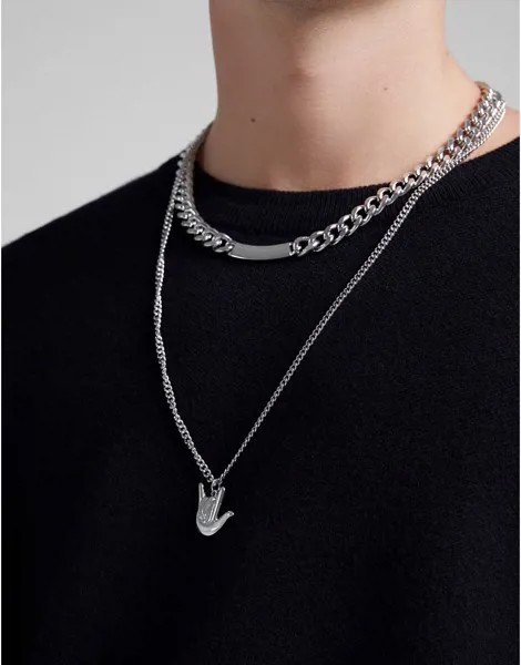 Серебристое ожерелье с двумя цепочками и подвеской Bershka-Серебряный