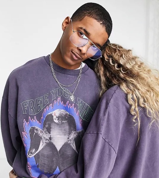 Фиолетовый oversized-свитшот с эффектом кислотной стирки и принтом со змеей COLLUSION Unisex-Фиолетовый цвет