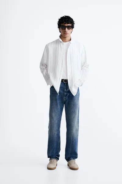 Рубашка из 100% льна ZARA, белый/серый