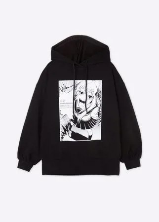 Чёрное худи oversize с аниме-принтом для девочки Gloria Jeans