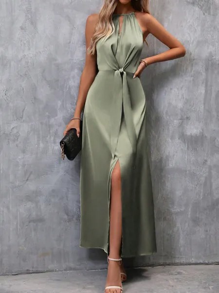 SHEIN Clasi, платье с воротником-бретелькой, однотонное, с разрезом по низу, украшенное поясом, зеленый