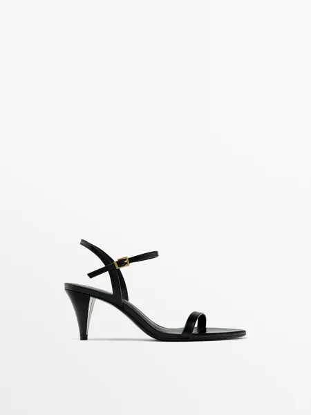 Кожаные босоножки на каблуке Massimo Dutti, черный
