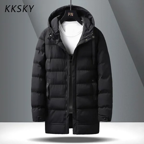 Мужские Длинные парки KKSKY, хлопковая зимняя куртка с капюшоном, пальто для мужчин, брендовая куртка-бомбер, толстая парка для мужчин, Теплые ...