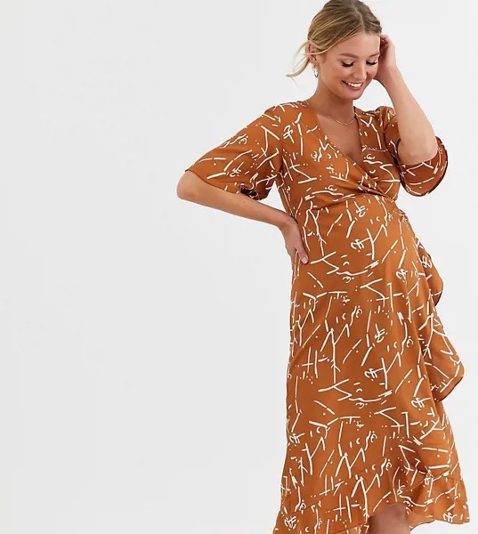 Атласное платье миди с запахом и оборкой Influence Maternity-Мульти
