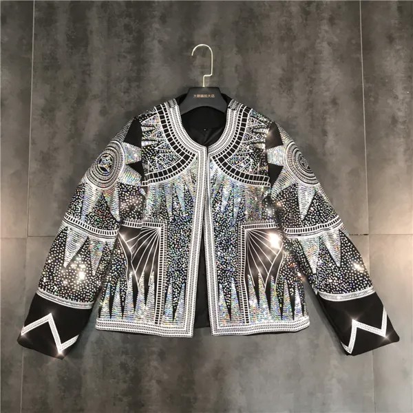 Европейская роскошная брендовая ретро-куртка, Женская куртка-бомбер, Женская куртка со стразами, Модная приталенная куртка Стразы в стиле панк, клубный пиджак