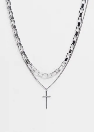Серебристое ожерелье в два ряда с цепочкой и крестиком Bershka-Серебристый