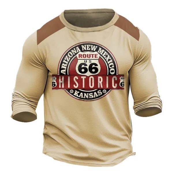 Мужская футболка Длинный рукав Винтаж Route 66 Исторический Цветные блоки На открытом воздухе Повседневные Верхушки Белый
